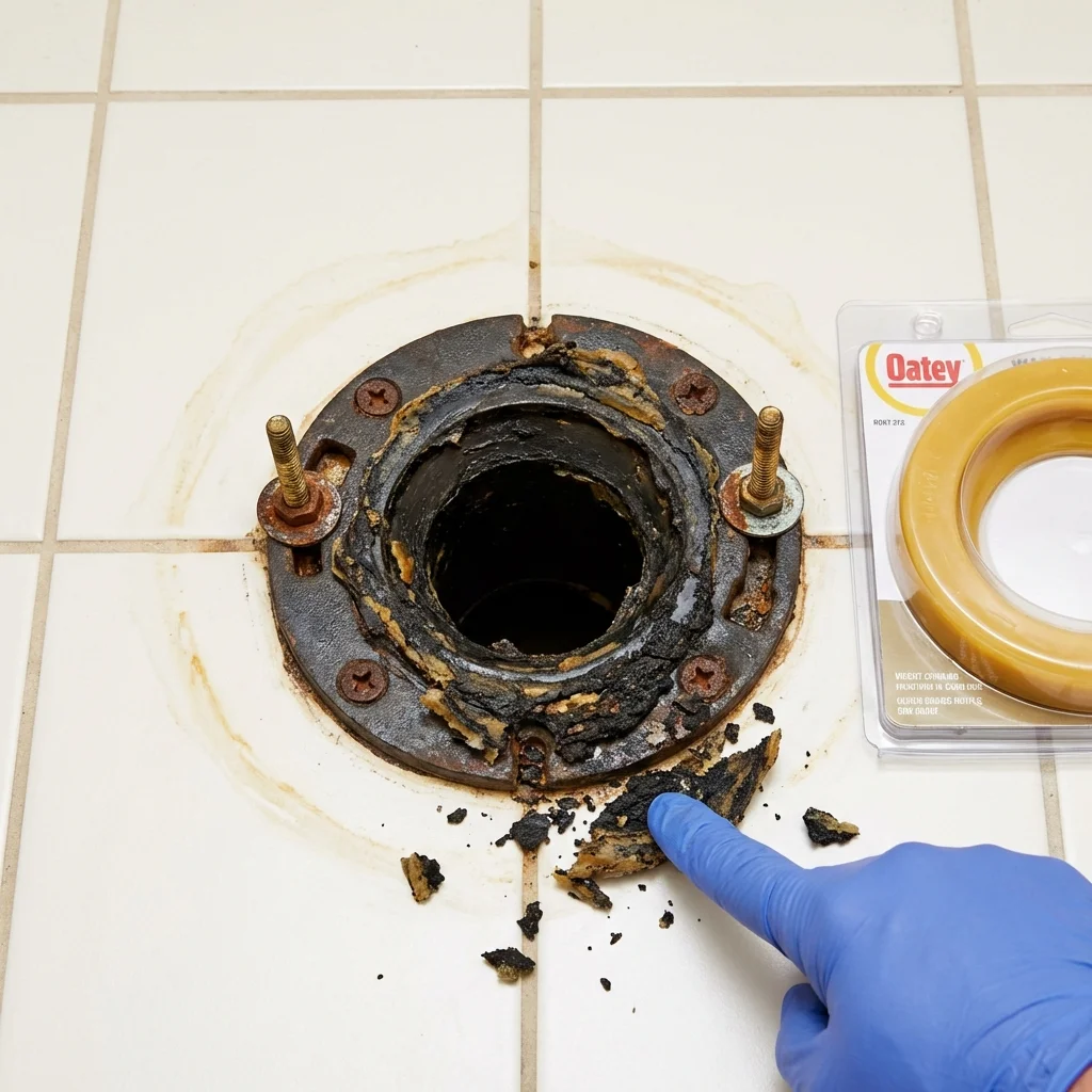 Failed wax ring showing water seepage at the base of a toilet in a Dexter, ME home