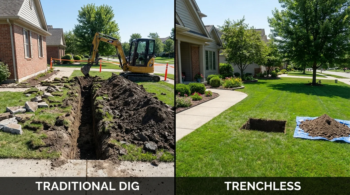 Trenchless sewer repair with minimal yard damage versus traditional excavation in Dexter, ME