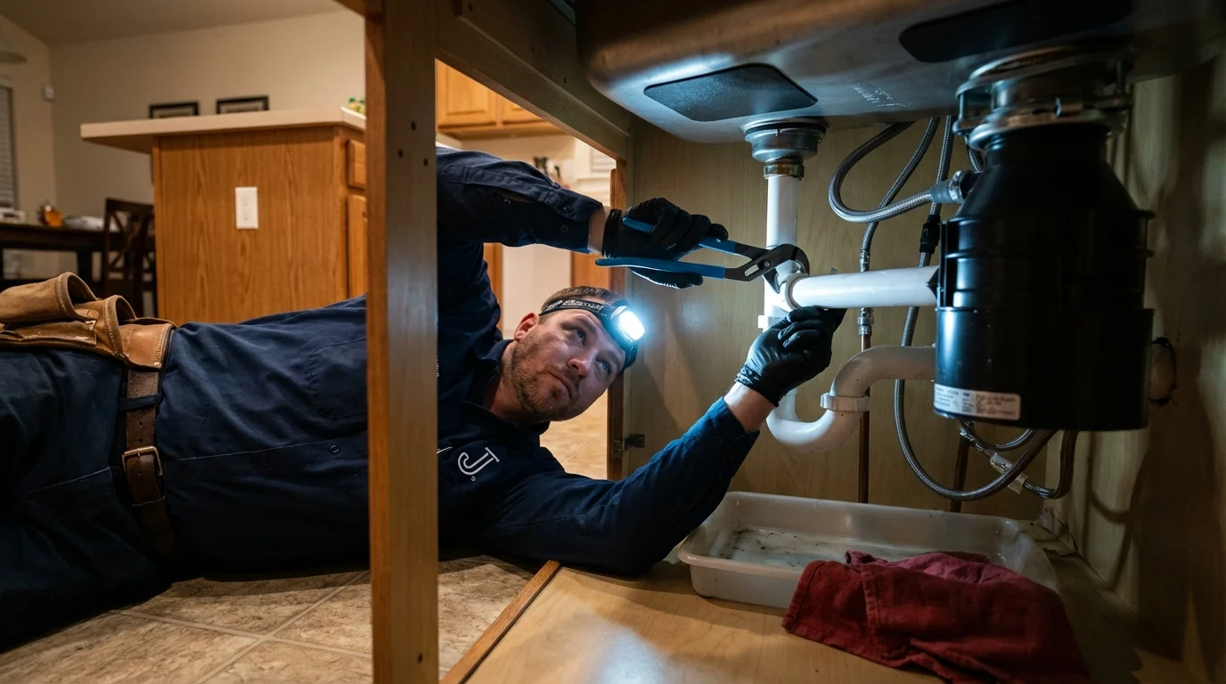 P-trap and supply line connections under a kitchen sink showing a common leak point in Dexter, ME